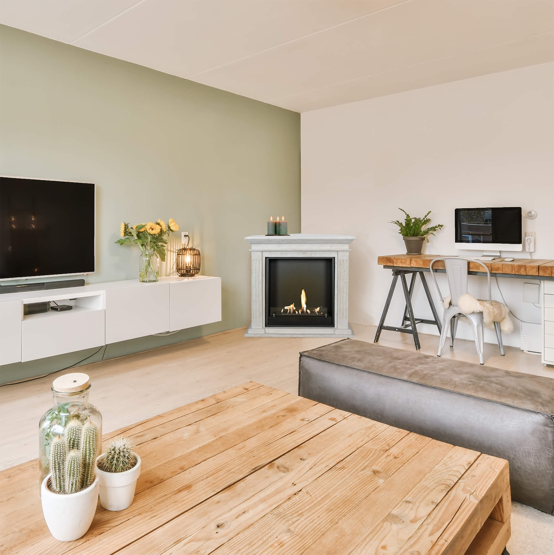 Woonkamer met tv, open haard, houten tafel en cactus. Zonnebloemen in een vaas en een computer op een bureau zijn ook zichtbaar.
