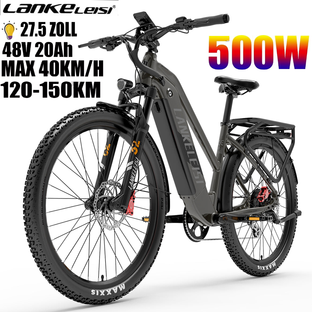 Una bici elettrica con testo: '27.5 ZOLL', '48V 20Ah', 'MAX 40KM/H' e '120-150KM'. È grigia e nera.