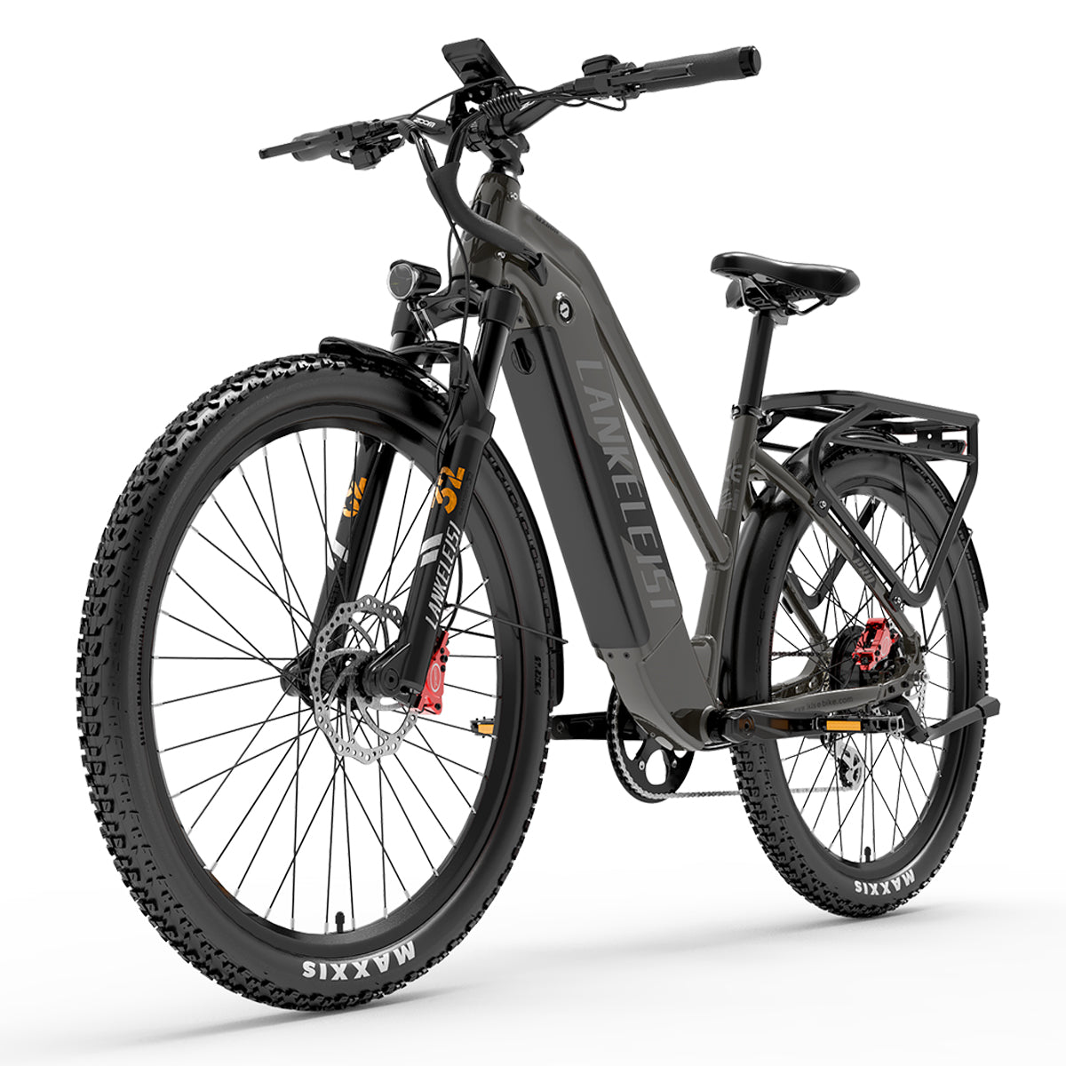 Ein graues Elektrofahrrad auf weißem Hintergrund, mit schwarzen Reifen und roten Details.