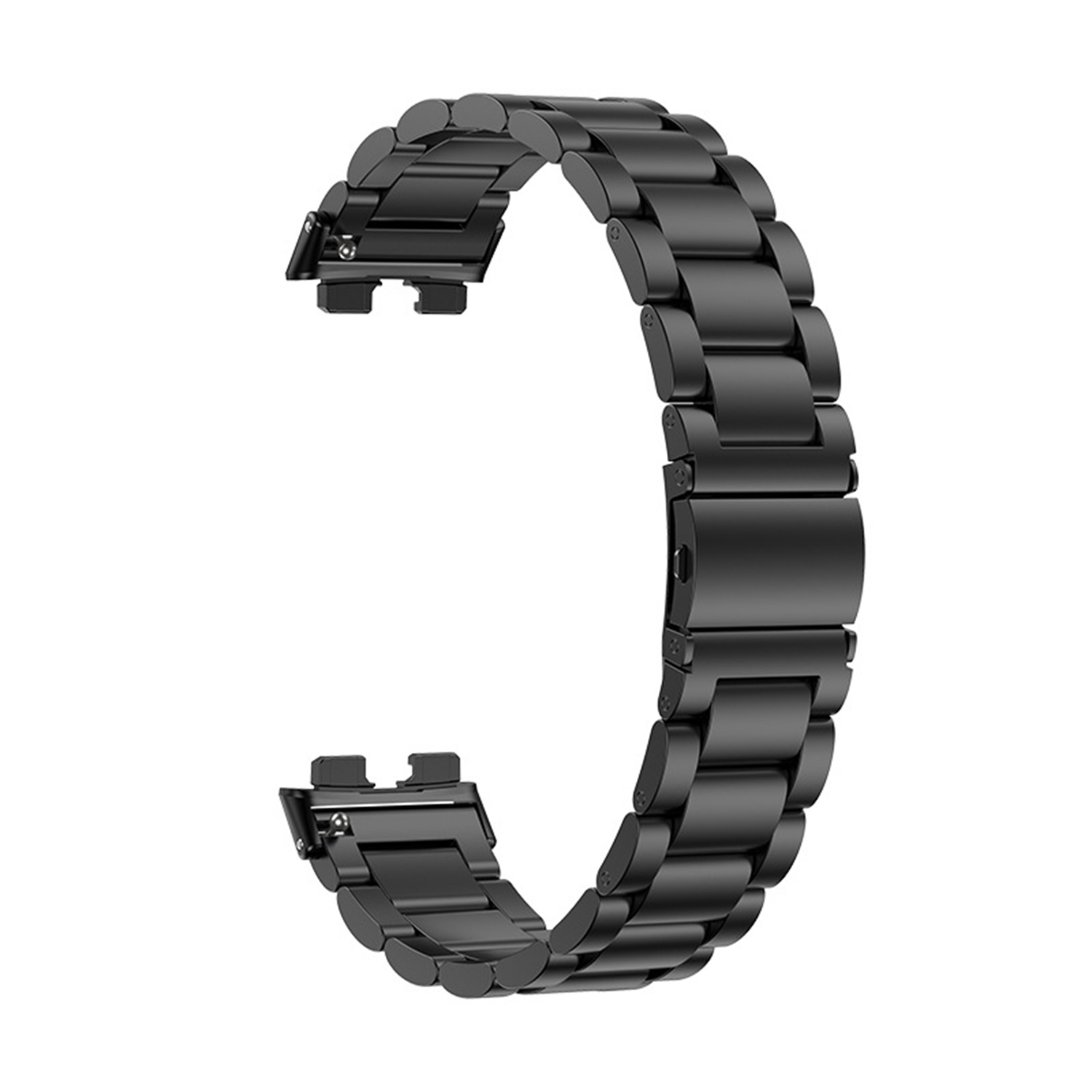 Un bracelet de montre noir composé de maillons métalliques reliés avec un fermoir.