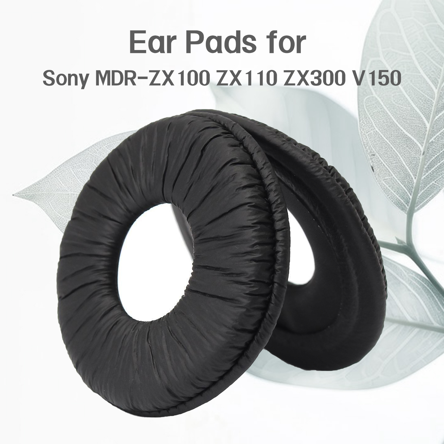 Czarne nauszniki do słuchawek Sony na białym tle z zielonymi liśćmi.