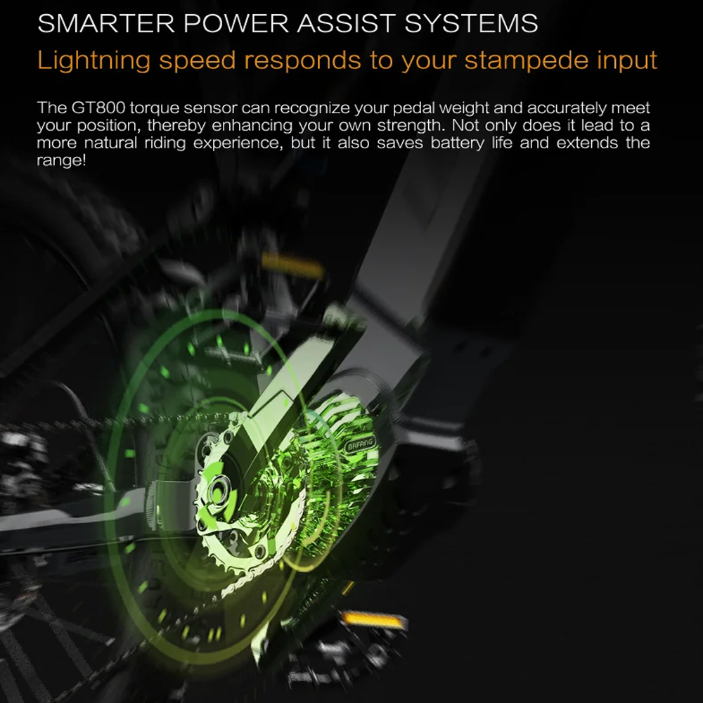 Motor und Kettengänge eines Fahrrads mit Text über intelligentere Power-Assist-Systeme.