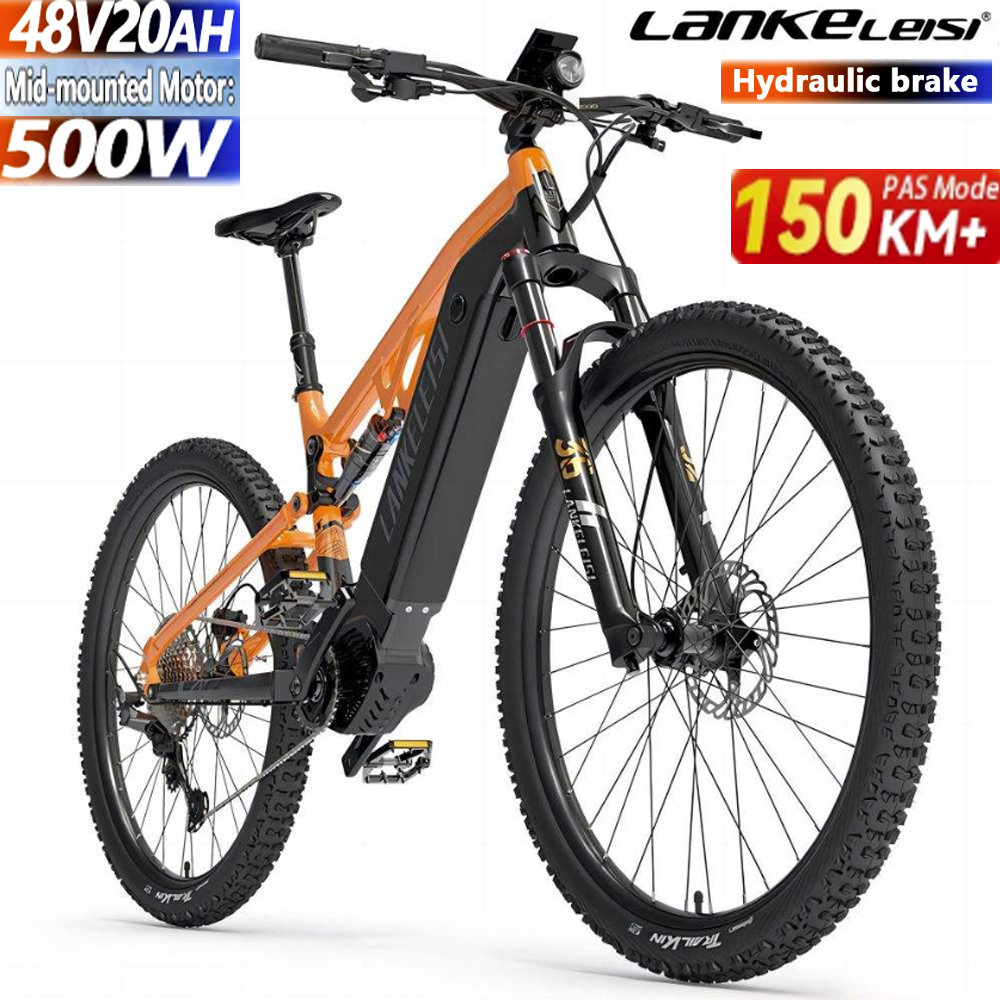 Bicicletta elettrica arancione con dettagli neri, pneumatici grandi. Mostra testo: 150 KM+ Modalità PAS.