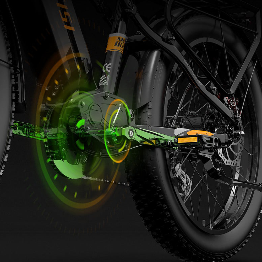 Nahaufnahme eines E-Bike-Mechanismus mit leuchtenden grünen und orangefarbenen Kreishighlights.