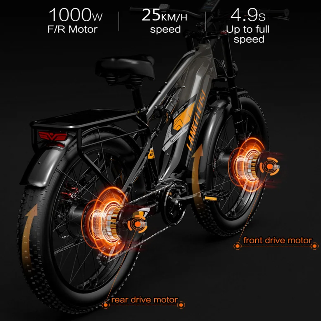 Bicicleta eléctrica con marco negro, detalles naranjas y ruedas naranjas brillantes. Superposiciones de texto.