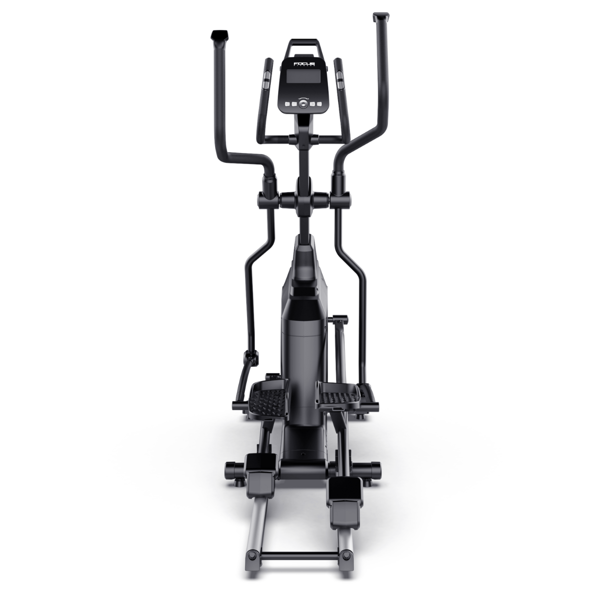 Black elliptical machine. Front view. Focus on the handles and foot rests.
