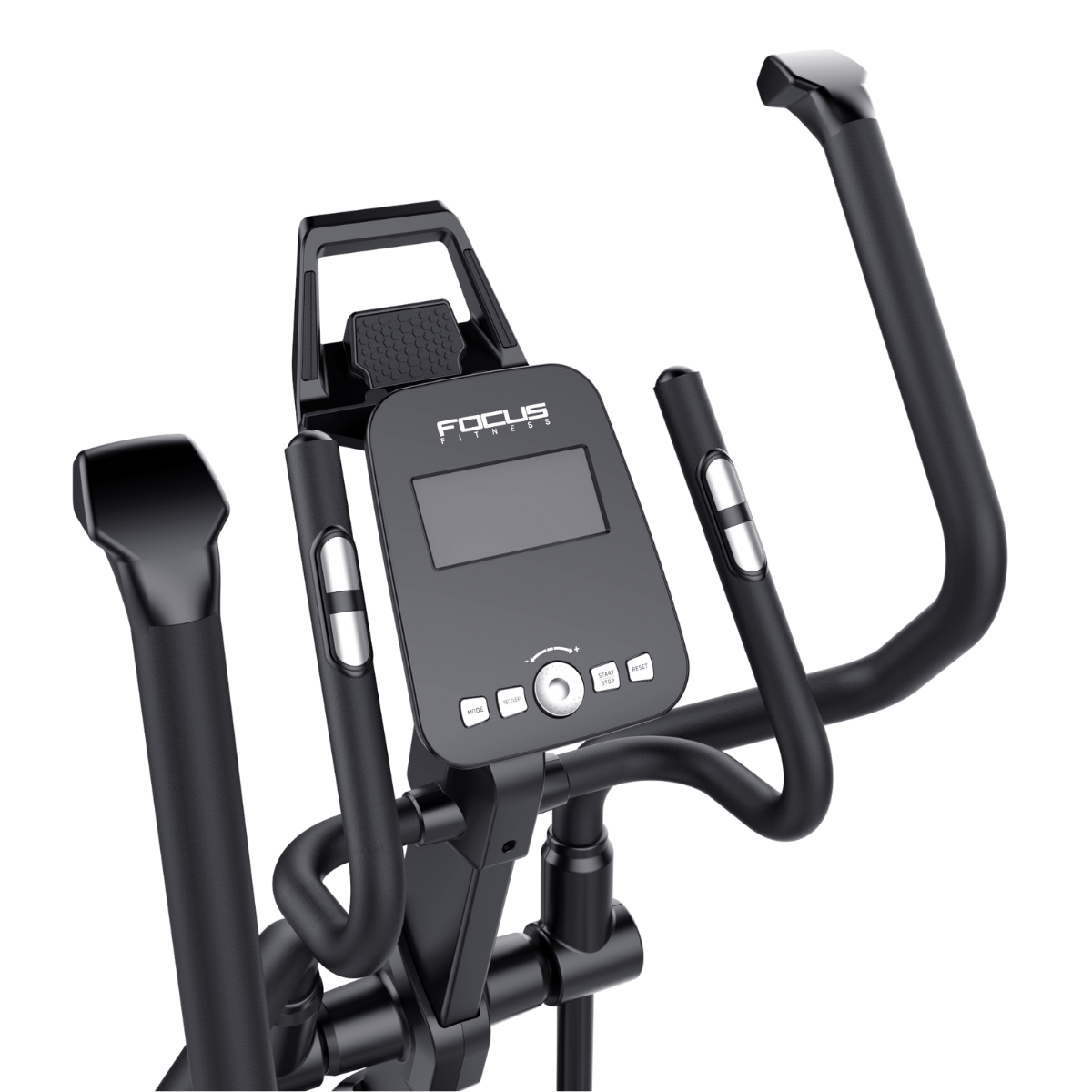 Black elliptical trainer. The control panel shows the display, with buttons and handles.