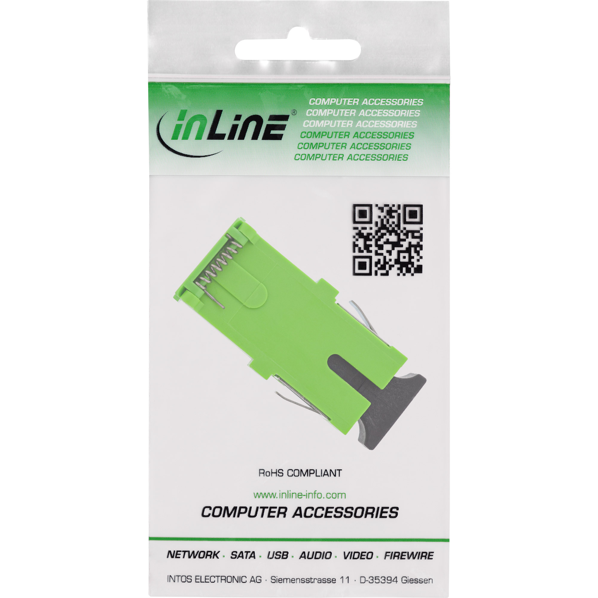 Accessorio per computer verde in confezione di plastica con dettagli del prodotto.