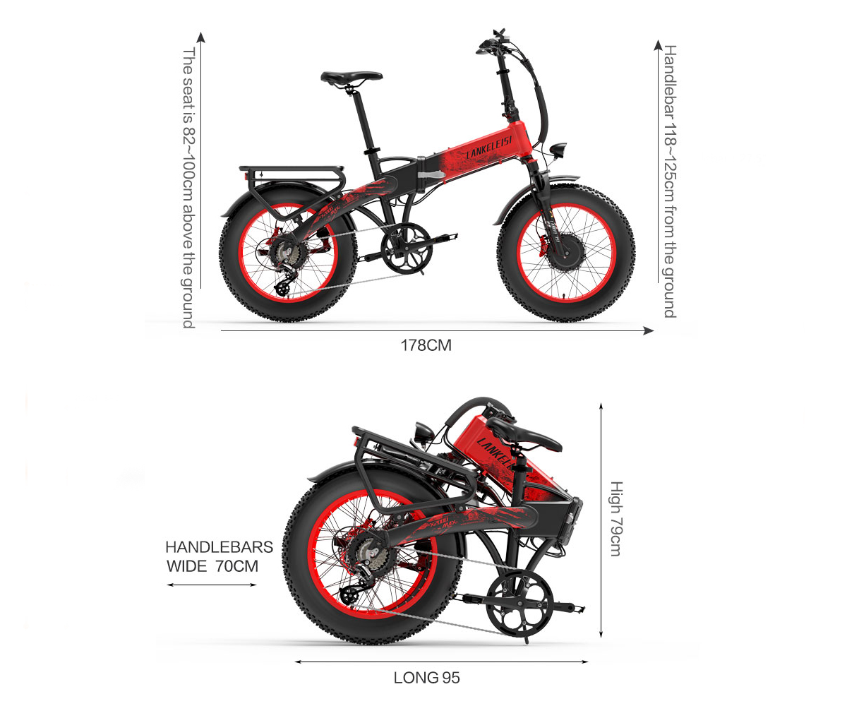 Bicicletta elettrica pieghevole rossa e nera con dimensioni indicate. Sfondo bianco.