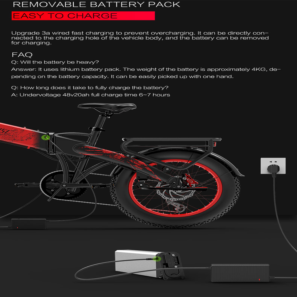 Una e-bike è mostrata con un pacco batteria rimovibile in carica. Un cavo di ricarica è collegato alla batteria.