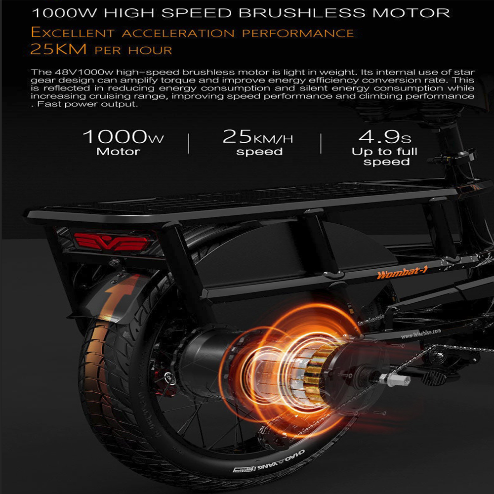 Bicicletta elettrica nera con motore. Mostra ruota, motore e velocità. Sfondo bianco.
