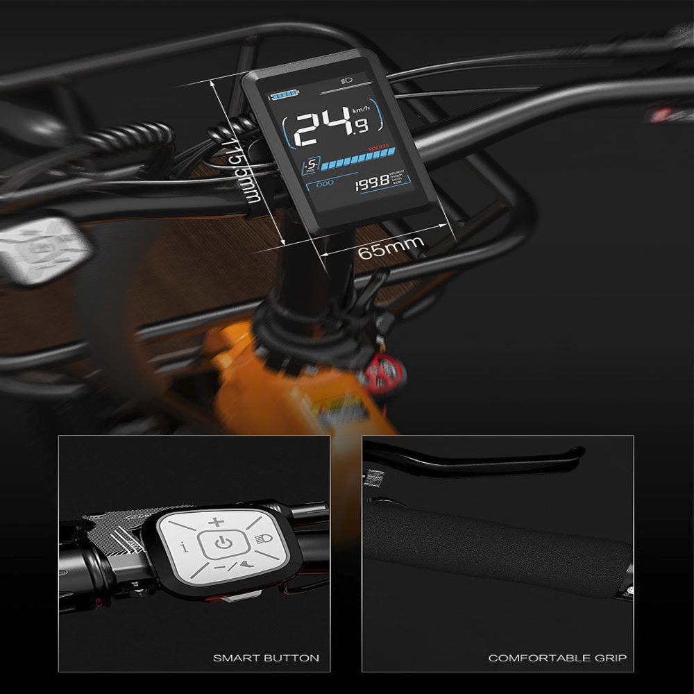 Primo piano del manubrio di una bici elettrica. Ha un display, pulsanti e un'impugnatura confortevole.