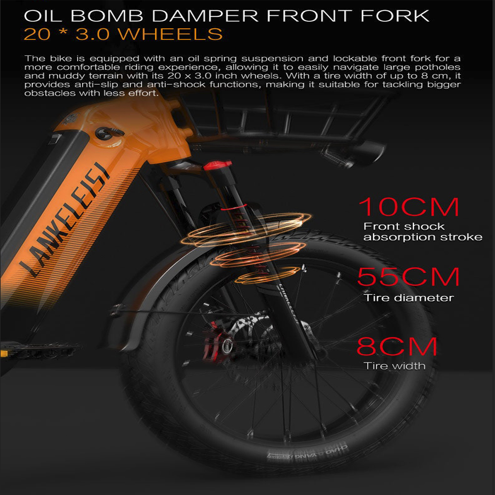 Una bici elettrica arancione con testo e misure, ruote nere e un cestino anteriore.