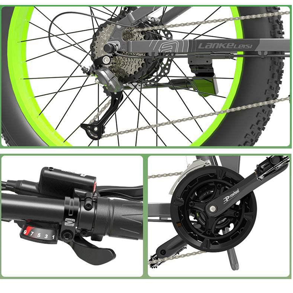 Primer plano de la rueda trasera, el engranaje y los detalles del pedal de una bicicleta eléctrica.