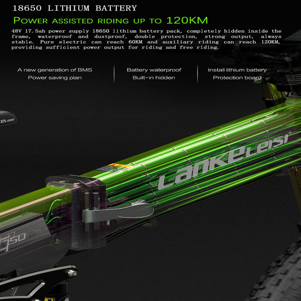 Un cuadro de bicicleta con texto sobre una batería de litio 18650. El cuadro es verde y tiene una sección transparente.