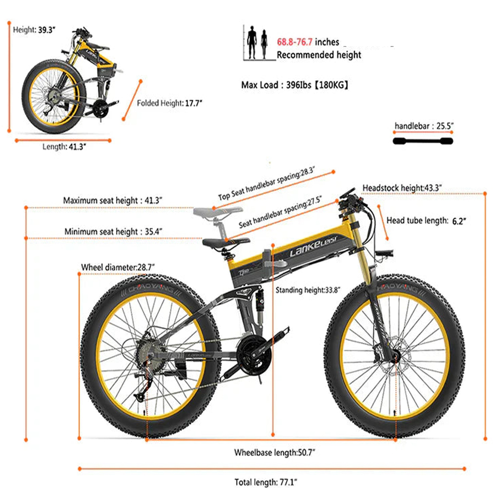 Gelb-schwarzes Elektrofahrrad mit detaillierten Abmessungen. Faltbares Design.