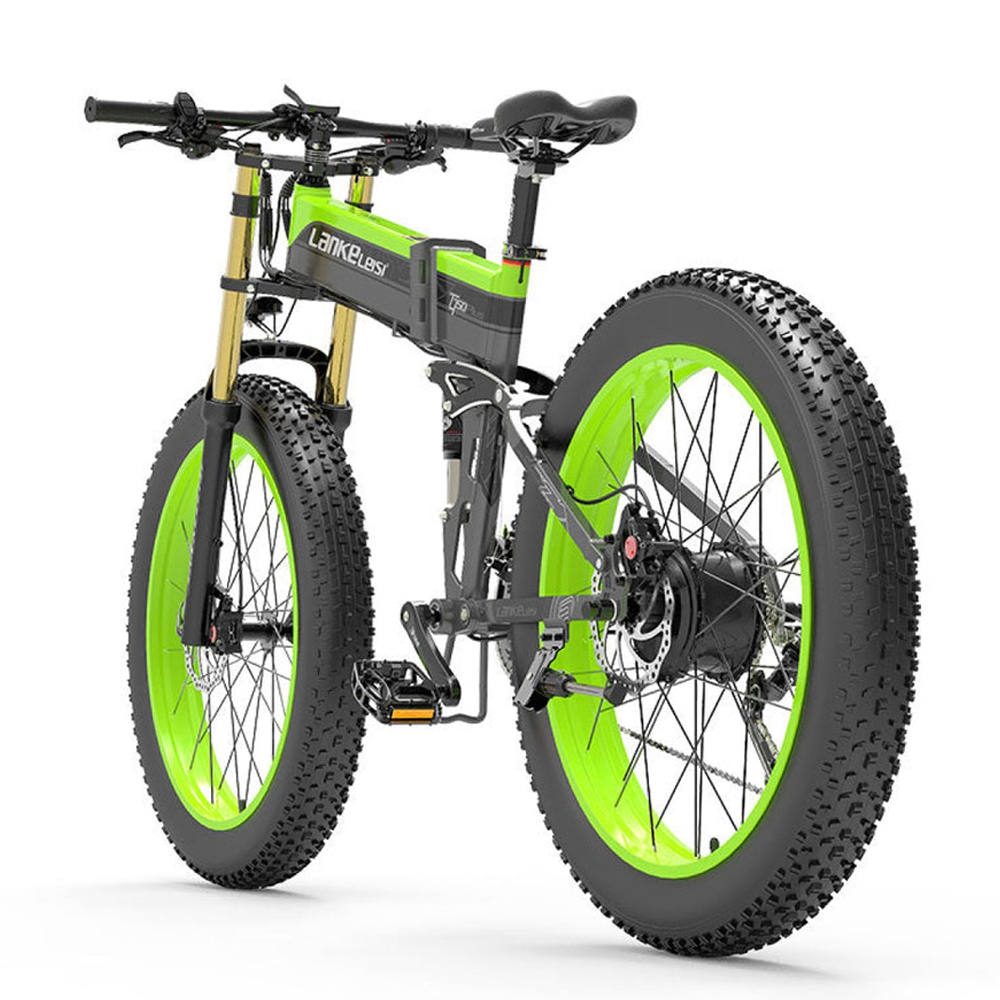Bicicleta eléctrica de llanta gorda verde y negra con neumáticos grandes, ruedas y horquilla verdes.