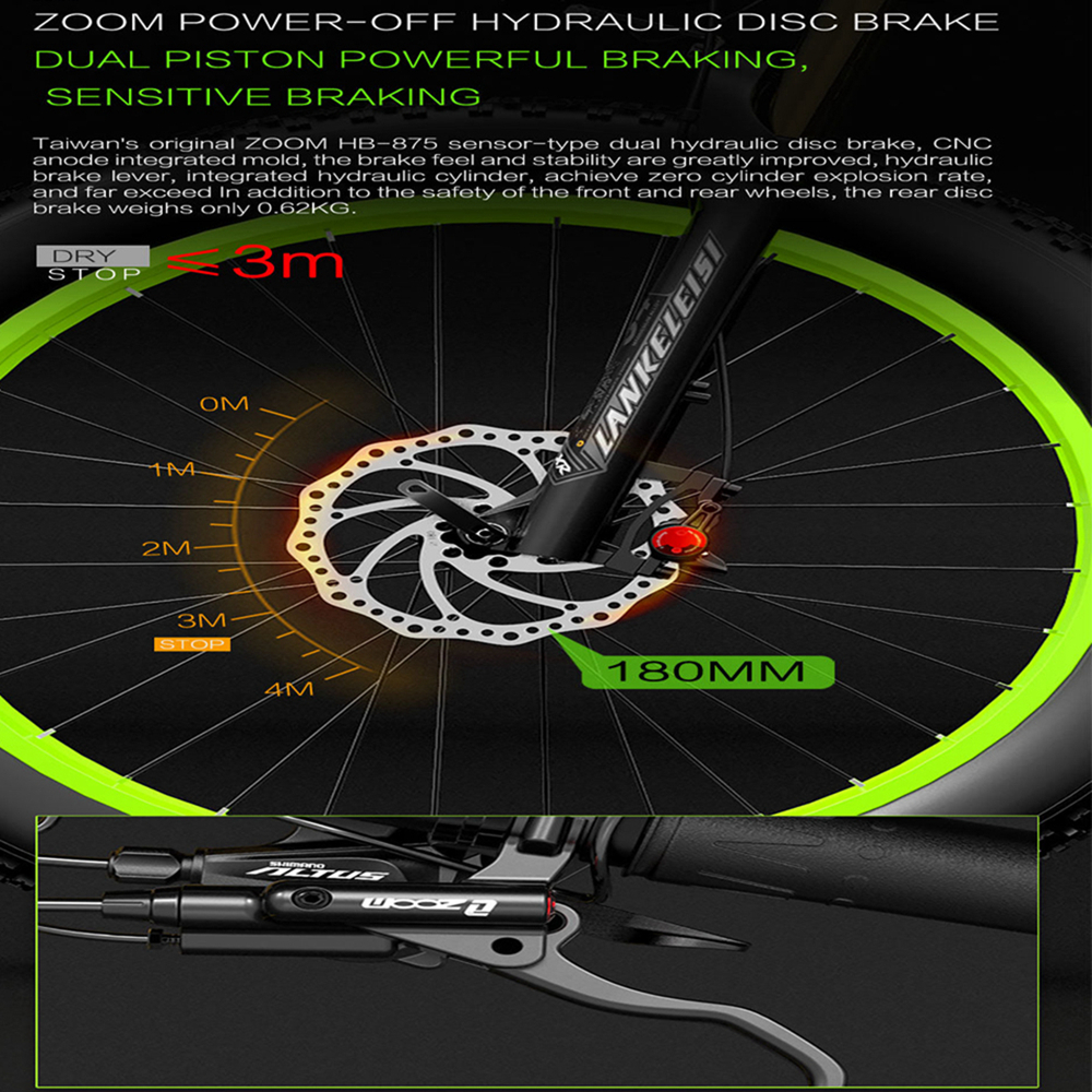 Diagrama del freno de disco hidráulico Zoom. Verde y negro. Fondo blanco. Texto y flechas.