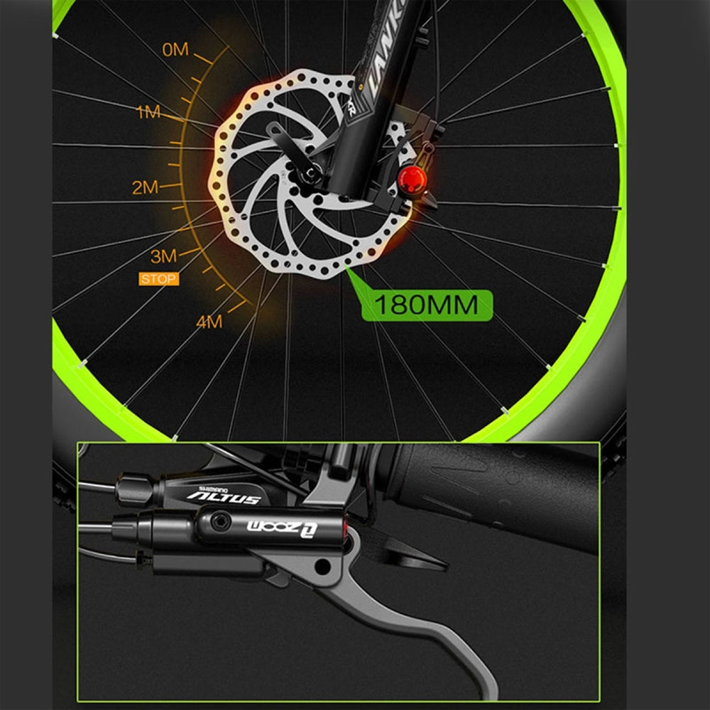 Primer plano de una rueda de bicicleta y sistema de frenos con medidas y etiquetas.