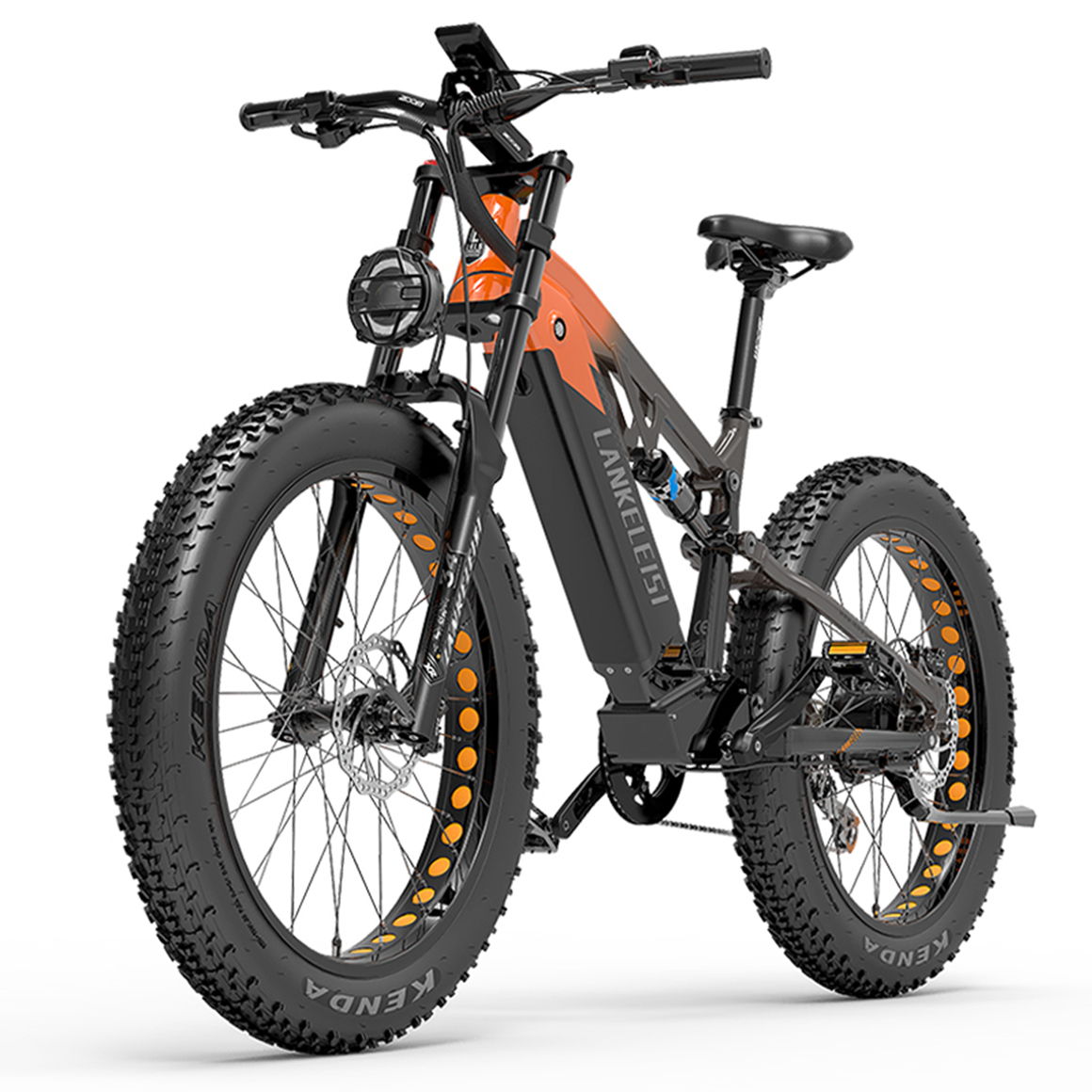 Ein orangefarbenes und schwarzes Elektrofahrrad. Es hat große Reifen und einen Scheinwerfer, der Markenname ist sichtbar.