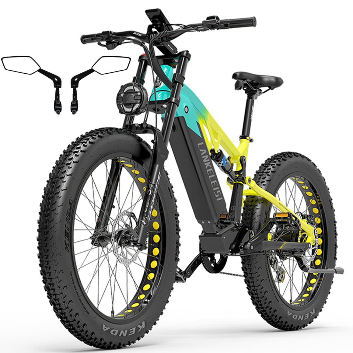 Ein Elektrofahrrad wird gezeigt, es ist hellgrün und gelb. Die Reifen sind dick und schwarz.