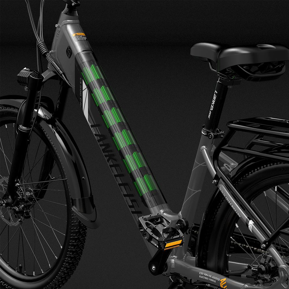 Una bicicleta eléctrica con una sección transparente que muestra las celdas de la batería.
