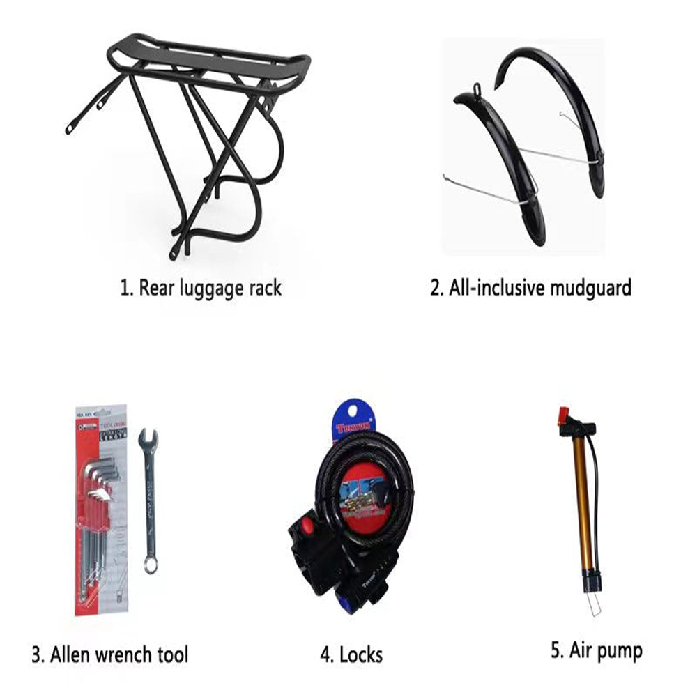 Varios accesorios para bicicleta, incluyendo un portaequipajes, guardabarros, herramientas, un candado y una bomba.