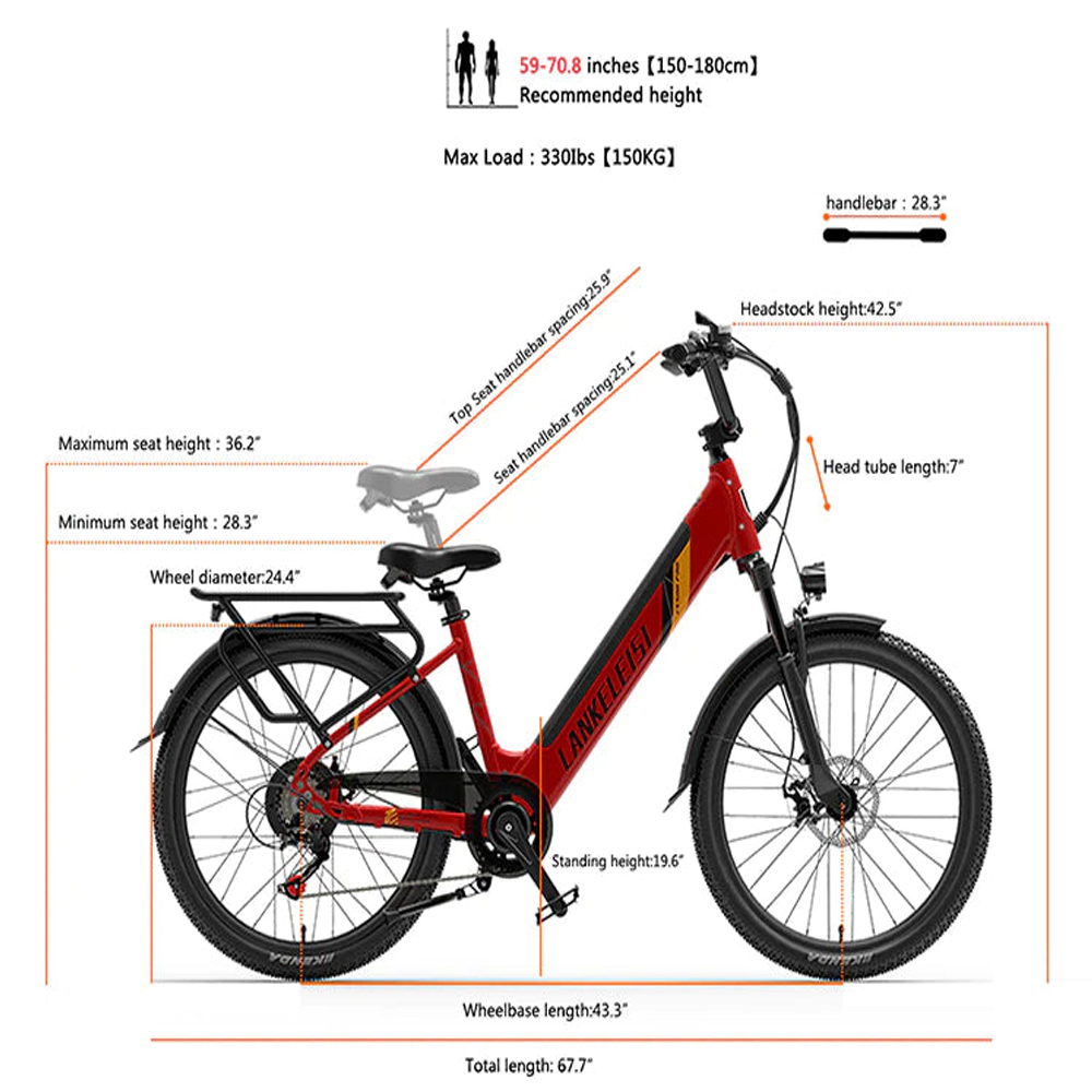 Bicicleta eléctrica roja con especificaciones y dimensiones en una infografía.