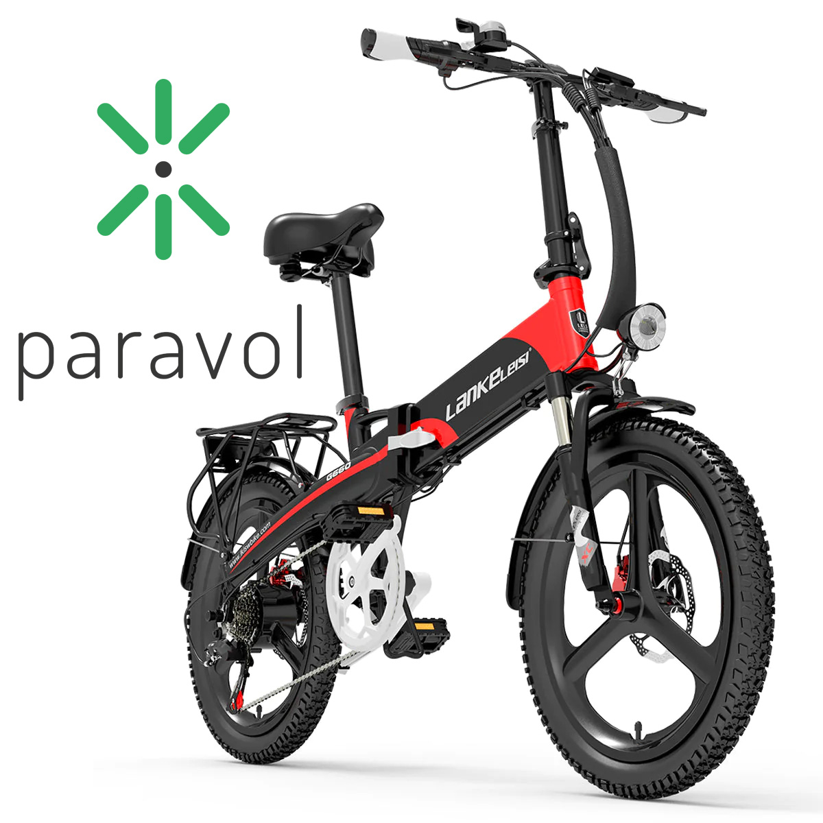 Una bicicleta eléctrica negra y roja con un logotipo verde que dice 'paravol'.