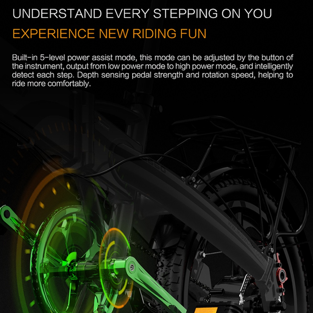 Una imagen con texto sobre una bicicleta eléctrica con luces verdes y amarillas en sus partes.