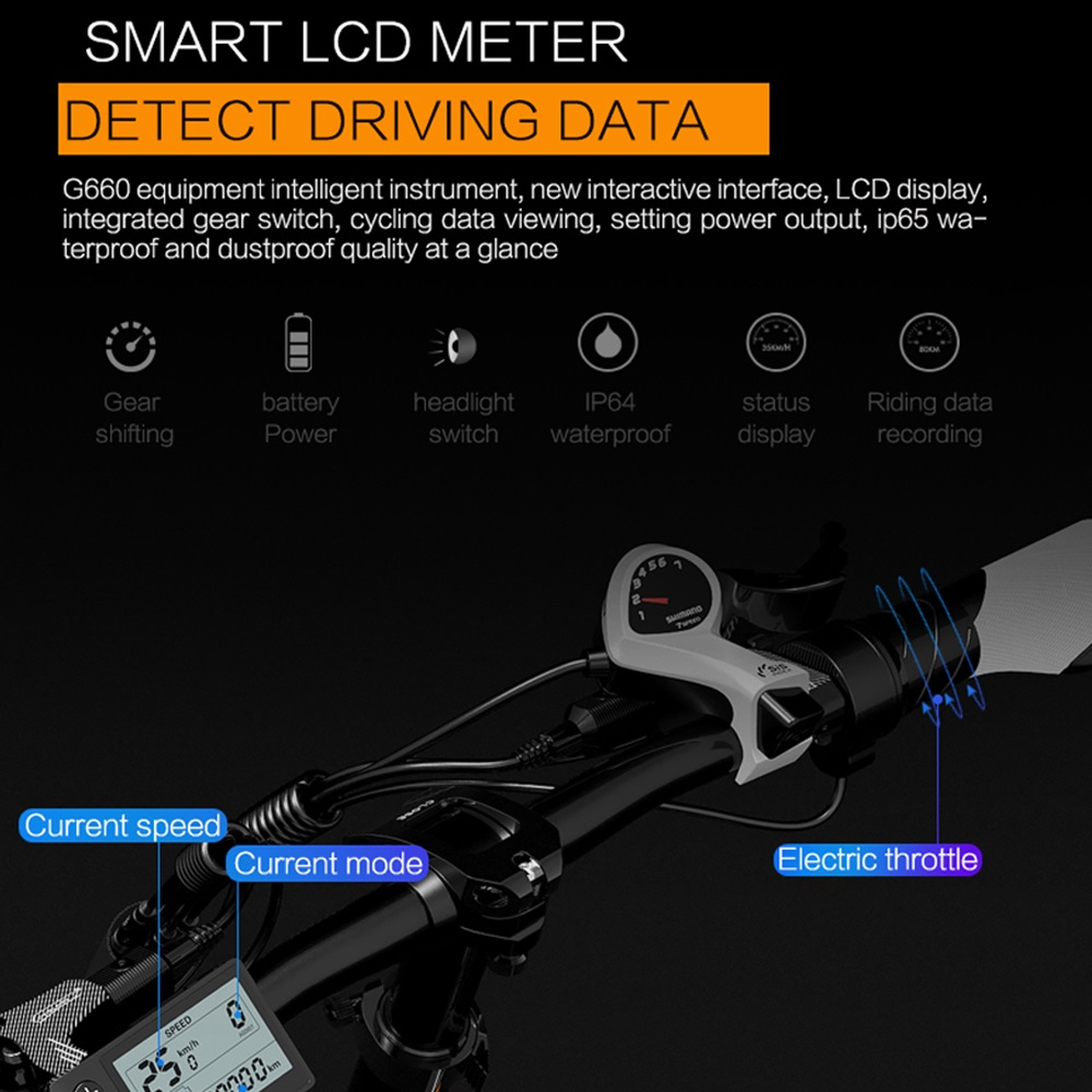 Manillar de bicicleta eléctrica con pantalla que muestra la velocidad y el modo. Detalle de los controles.