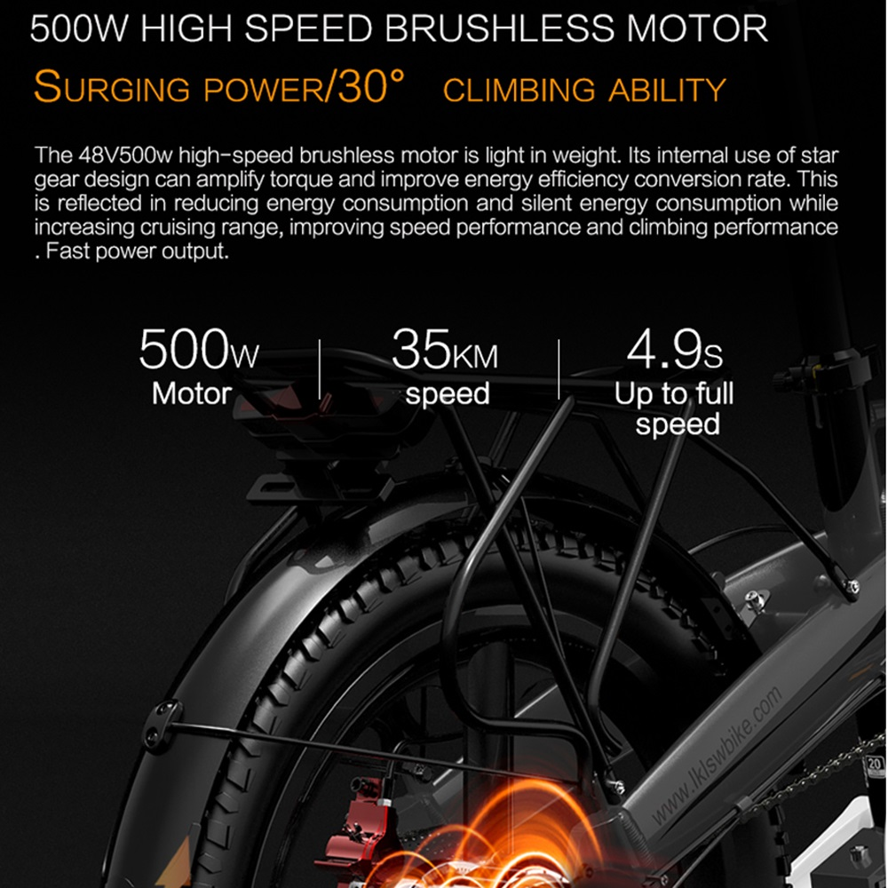 Especificaciones e-bike: motor 500W, 35km/h, 4.9s a máxima velocidad. Detalle bici negra.