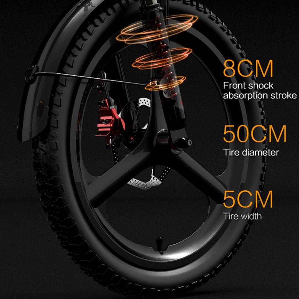 Una rueda de bicicleta negra con medidas: 8CM amortiguación delantera, 50CM diámetro del neumático, 5CM ancho del neumático.