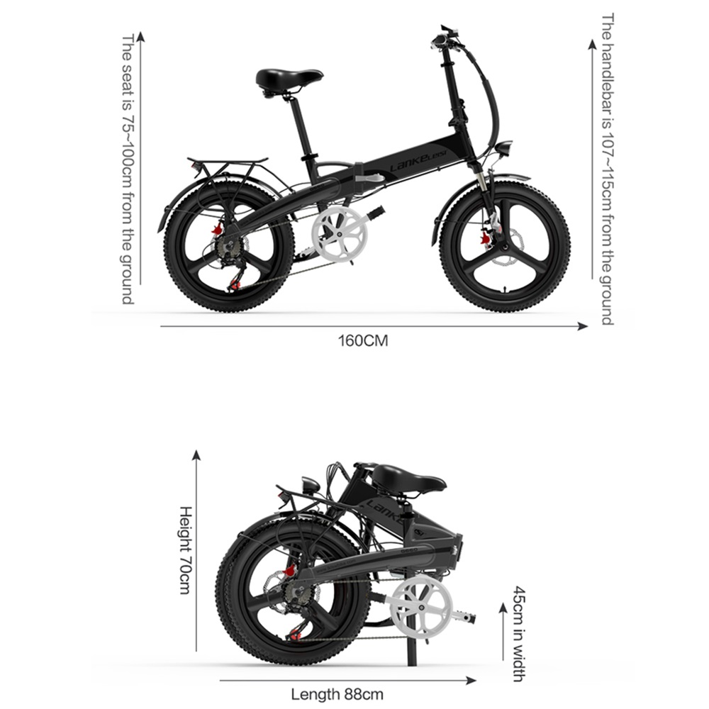 Una bicicleta eléctrica negra con medidas de altura del asiento, altura del manillar y longitud.