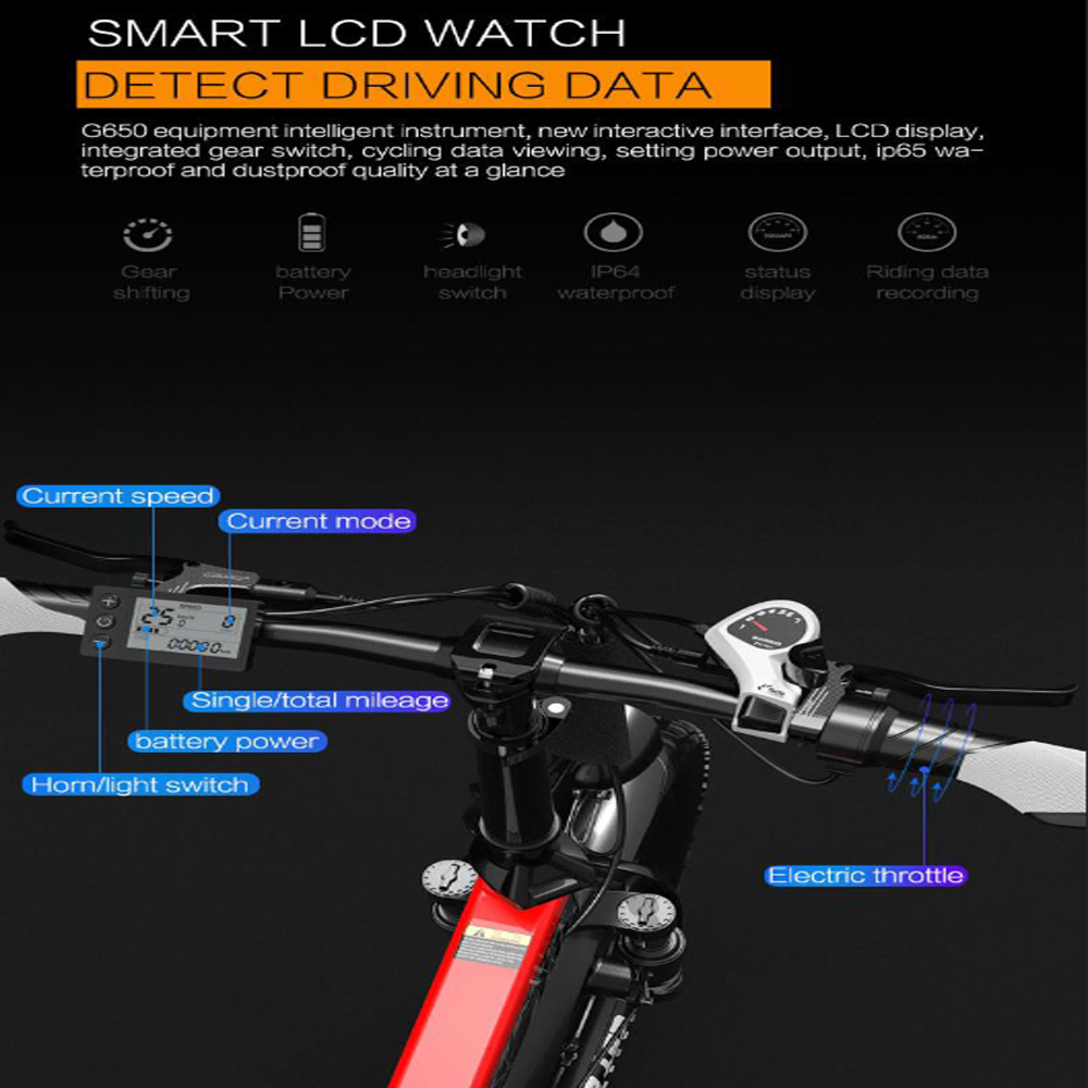 Primer plano de una pantalla de bicicleta eléctrica que muestra velocidad, modo, kilometraje, batería y más.