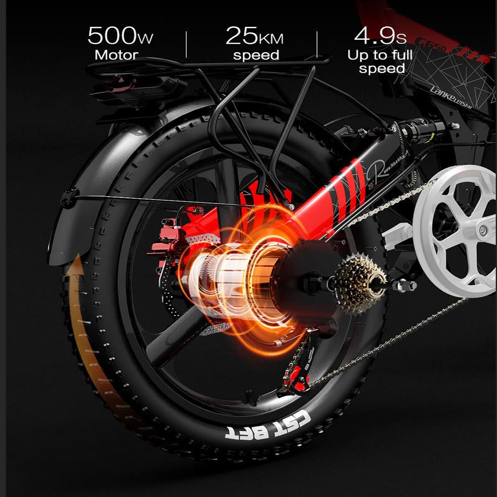 Primer plano de la rueda trasera de una bicicleta eléctrica. Texto muestra potencia del motor, velocidad, aceleración.