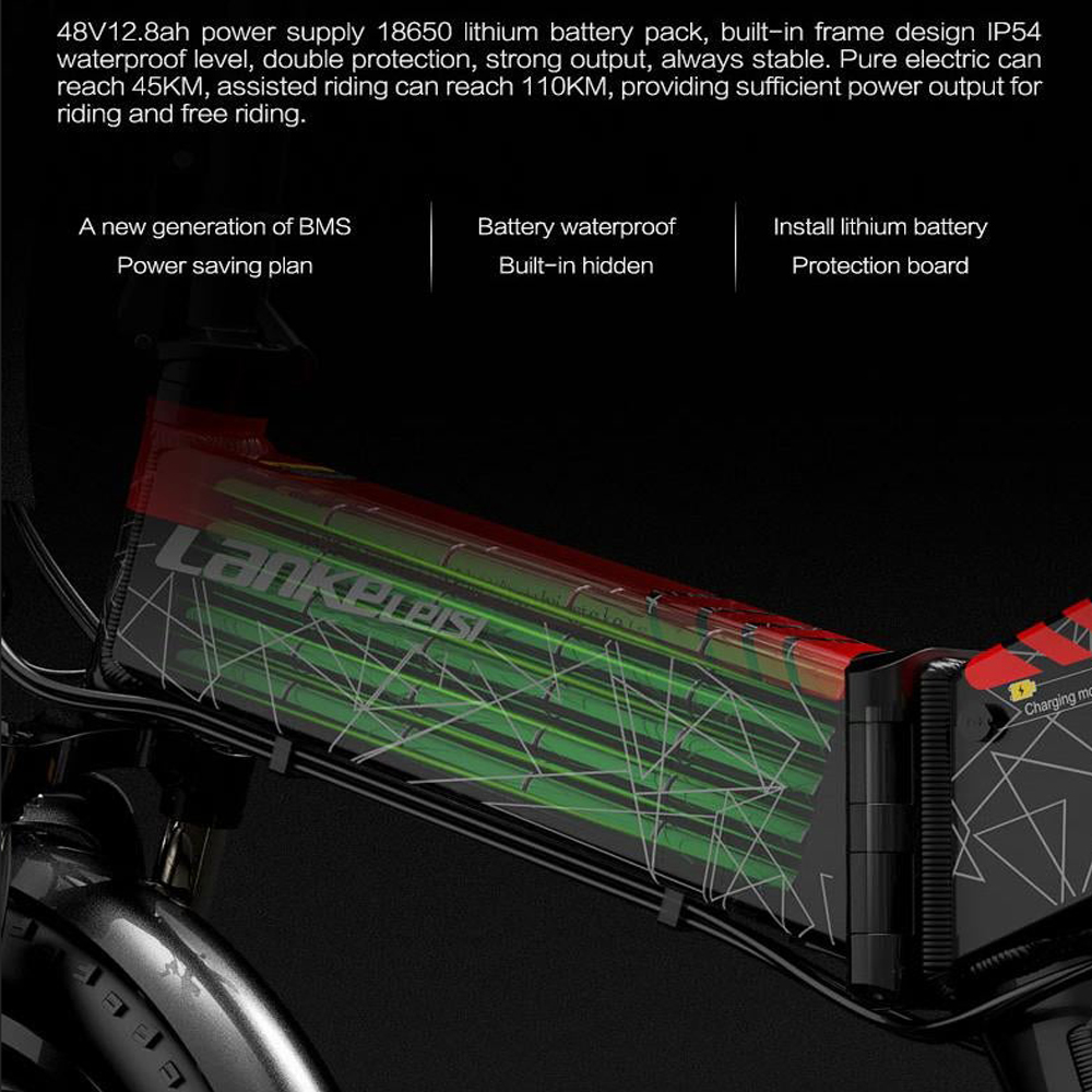 Primer plano del compartimento de la batería de una e-bike roja con texto y un interior verde.