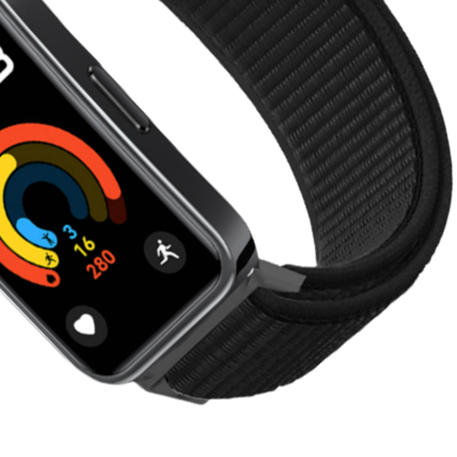 Nahaufnahme einer Smartwatch mit schwarzem Armband, die Metriken auf dem Bildschirm und ein Personensymbol anzeigt.