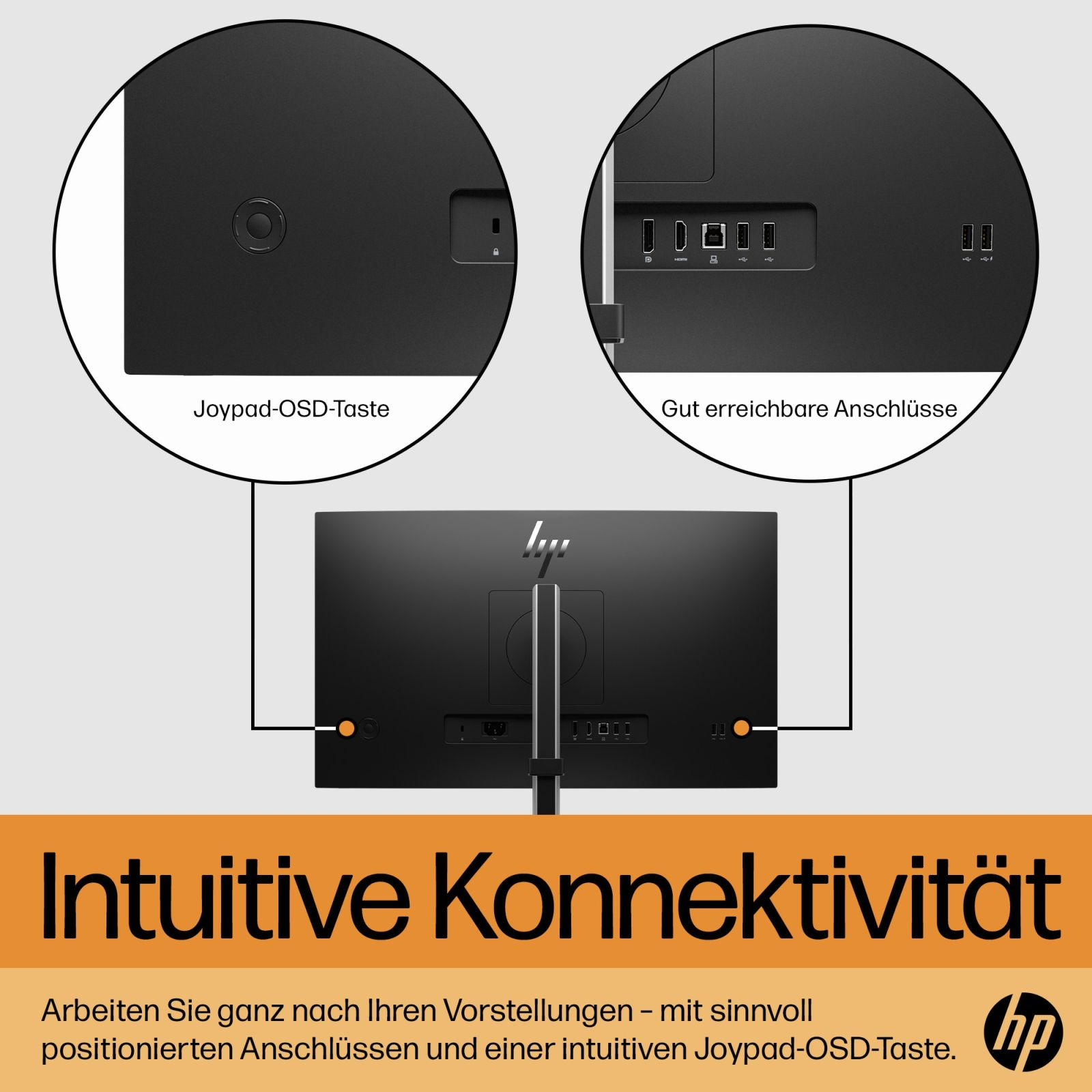 Czarny monitor komputera z portami, joystickiem i tekstem o intuicyjnej łączności.