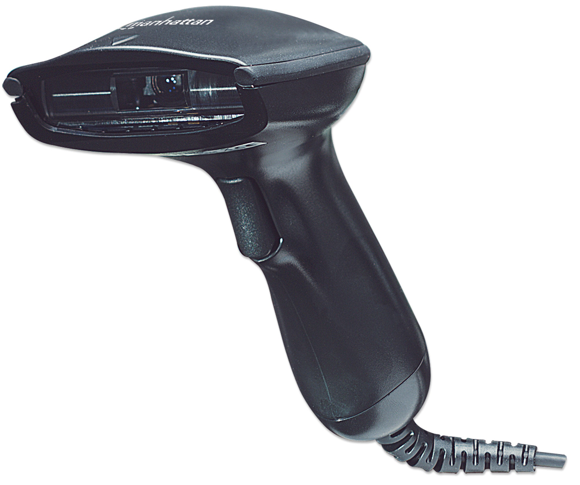 Scanner per codici a barre nero con impugnatura e finestra di scansione.