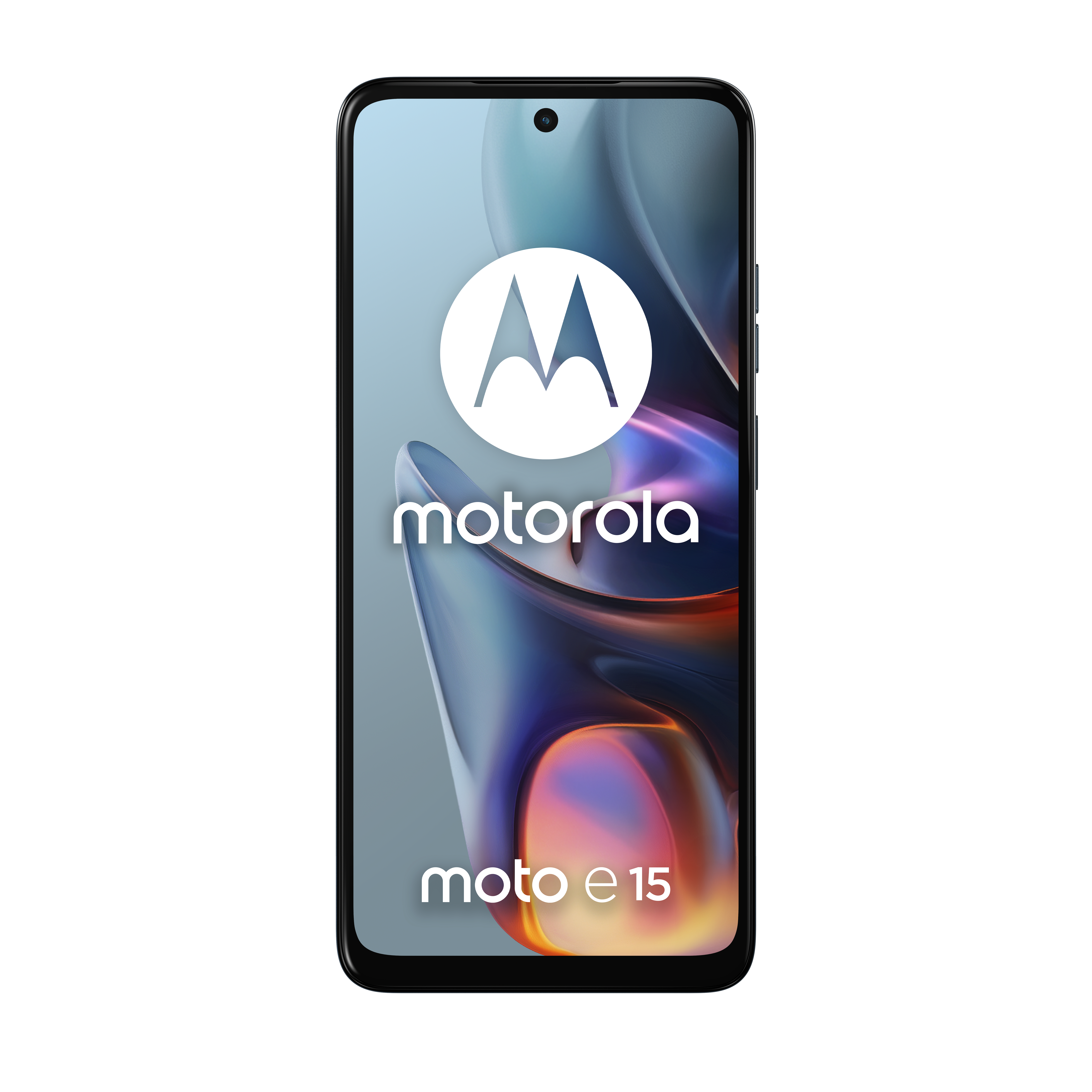 Telefono Motorola Moto e15 su sfondo bianco. Lo schermo mostra una grafica colorata.