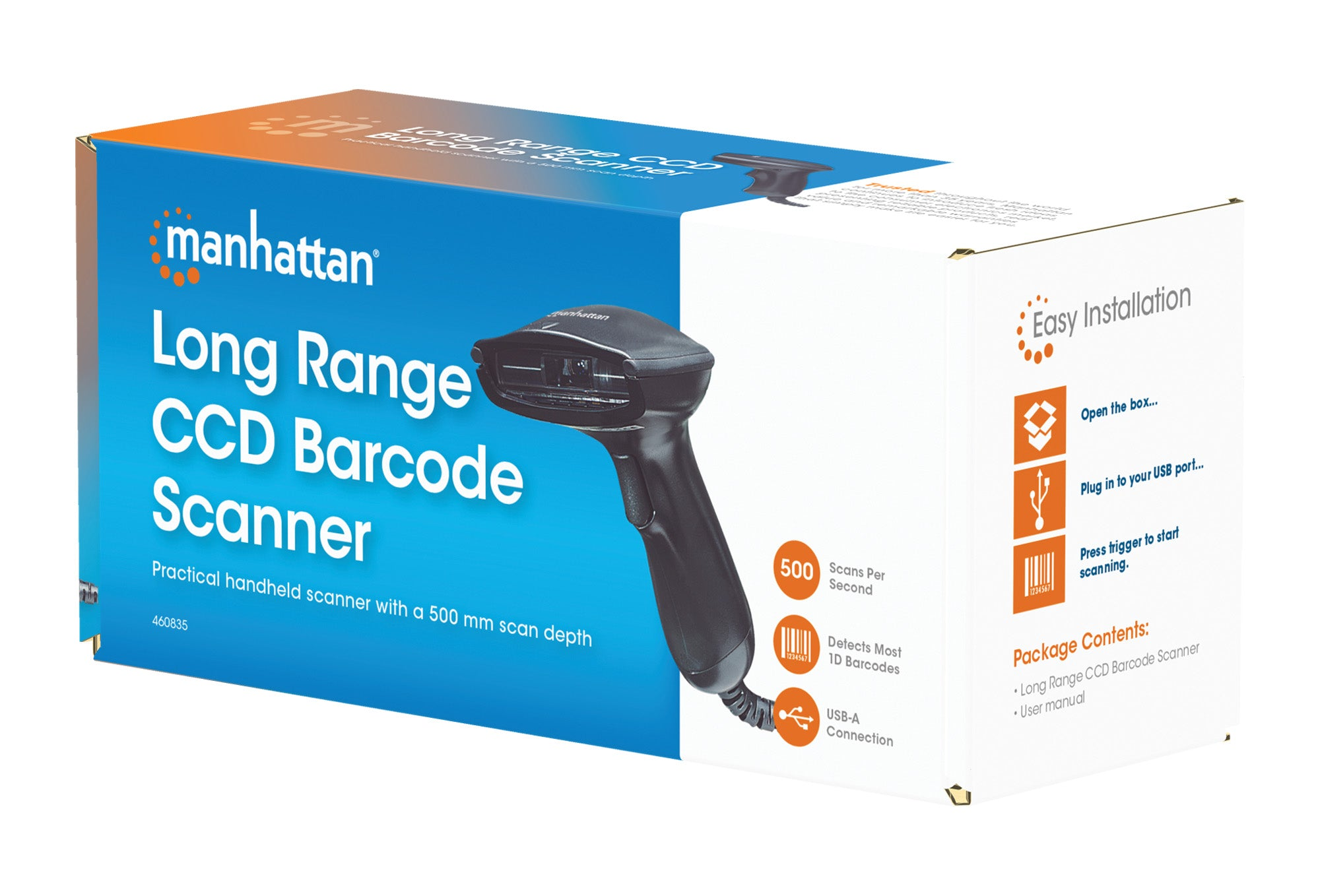 Uno scanner di codici a barre Manhattan in una scatola con testo e immagini su sfondo bianco.