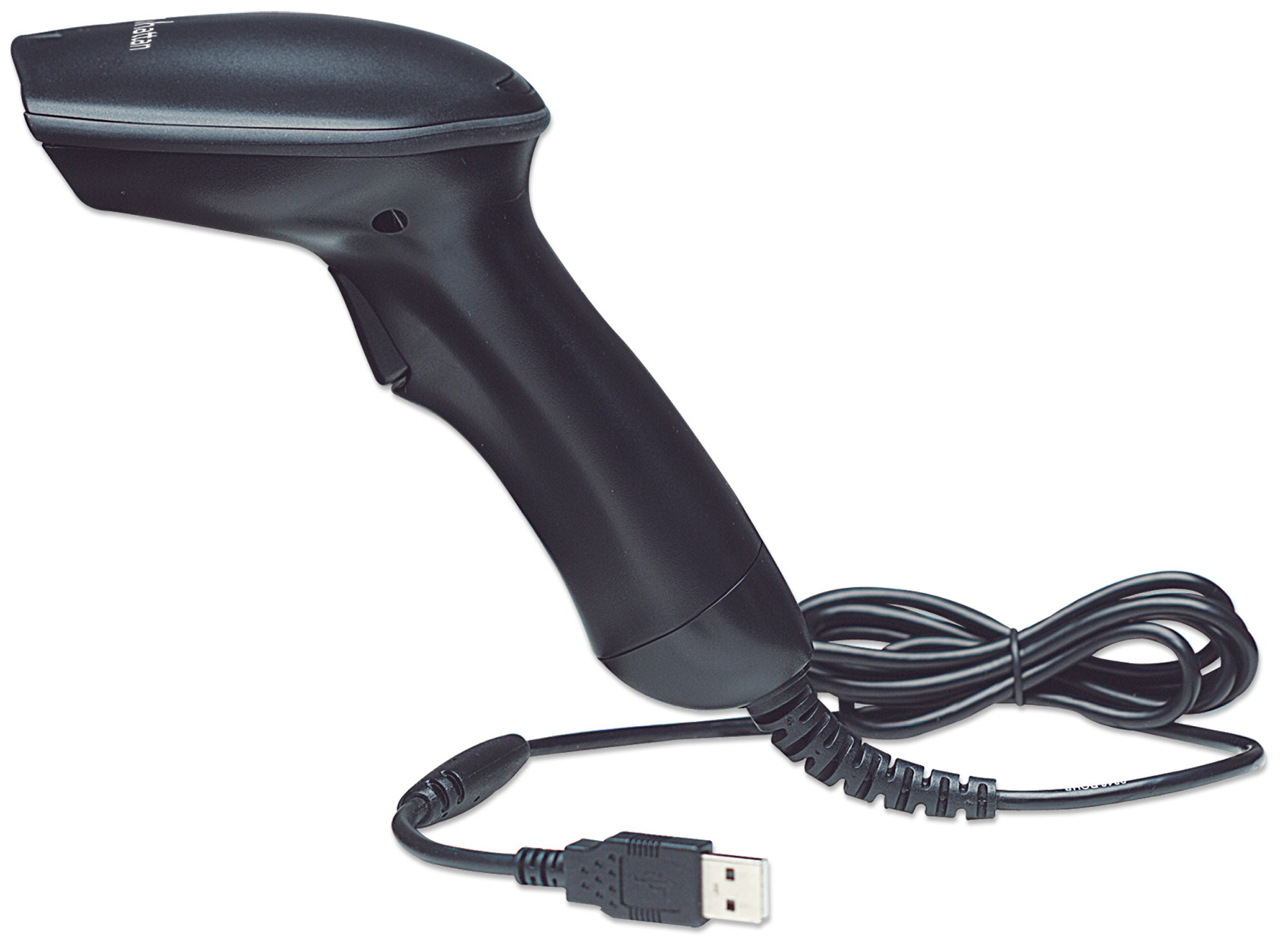 Scanner di codici a barre nero con manico e cavo USB. Design curvo.