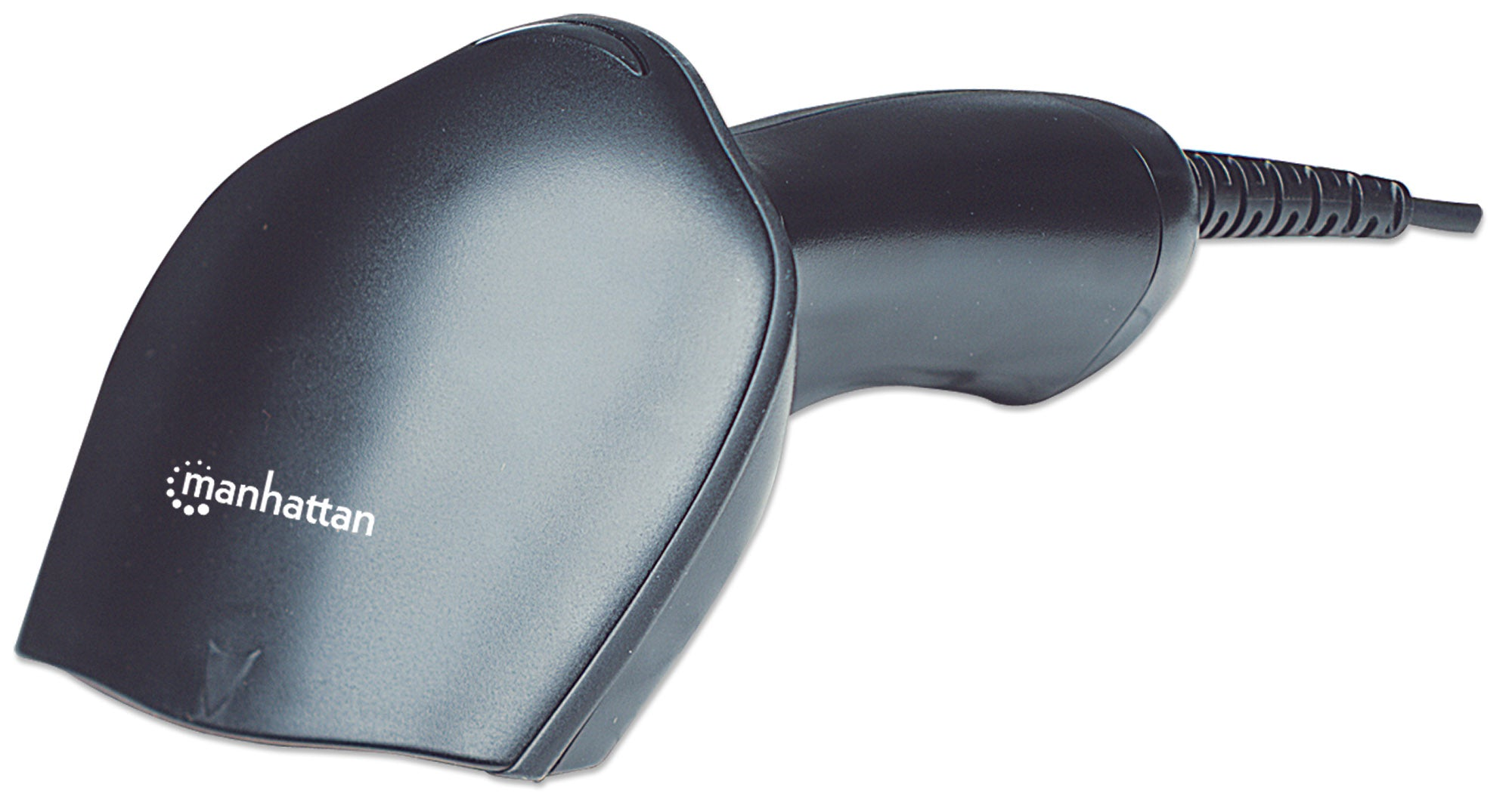 Scanner di codici a barre portatile nero con il marchio 'manhattan'.