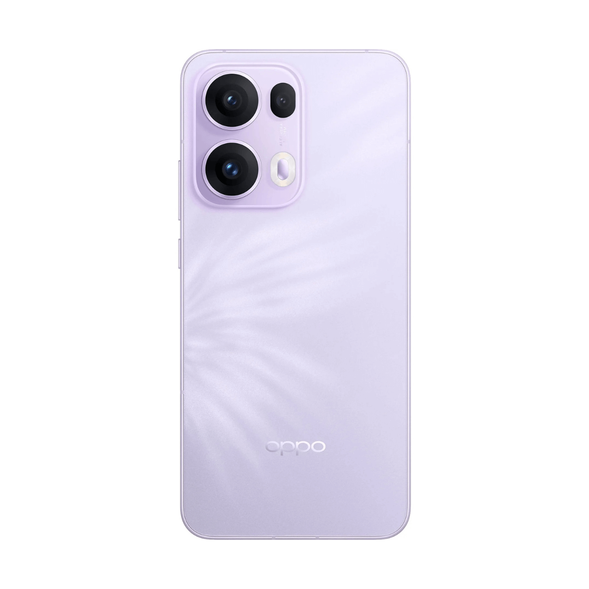 Lawendowy tył telefonu Oppo. Ma wypukłość aparatu z trzema obiektywami i logo Oppo.