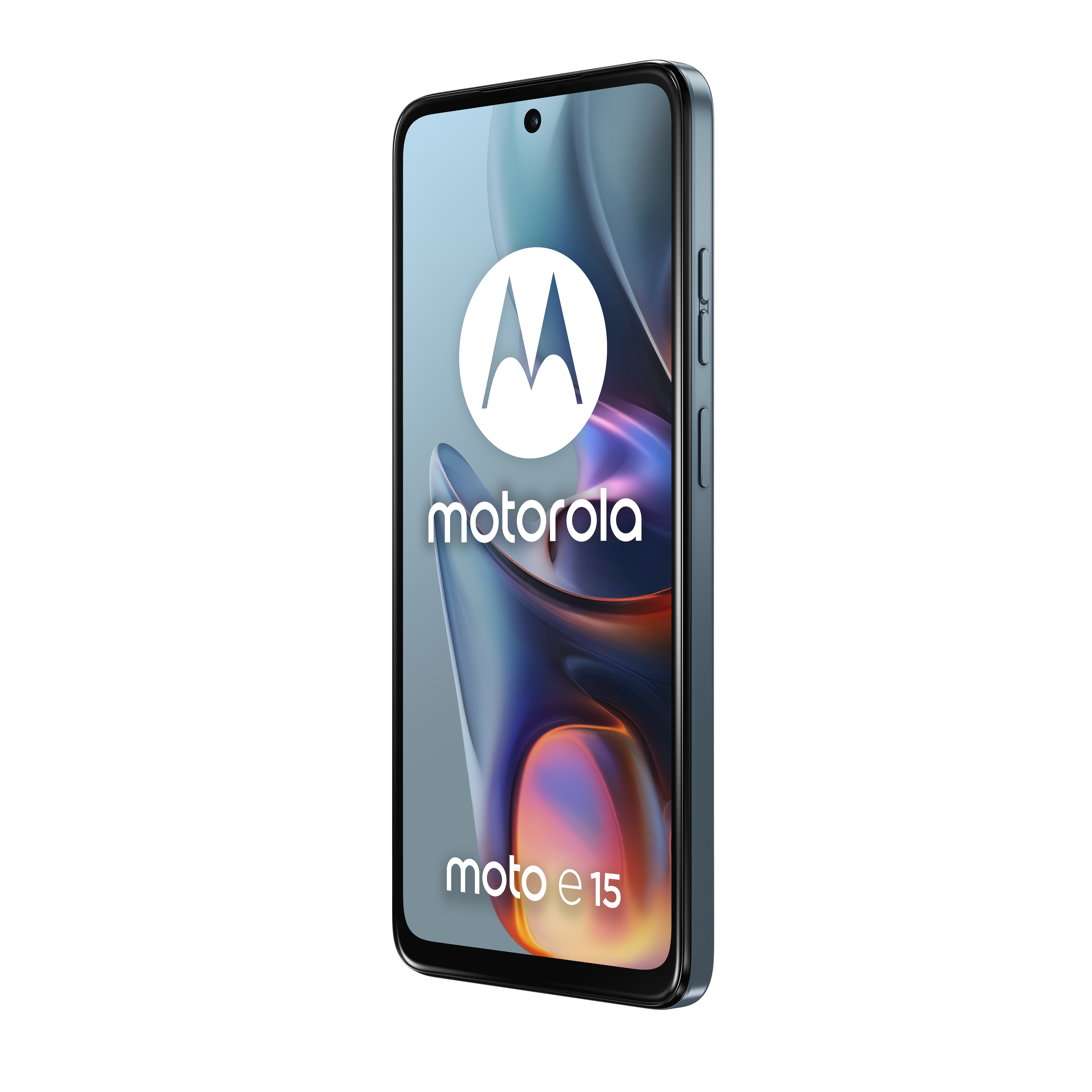 Uno smartphone Motorola Moto E15, blu, con il logo Motorola su uno schermo sfumato.