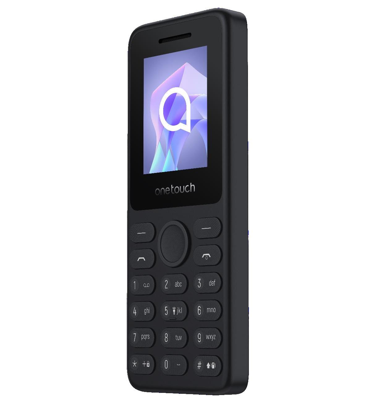 Un telefono cellulare nero con tastiera e schermo colorato che mostra un logo.