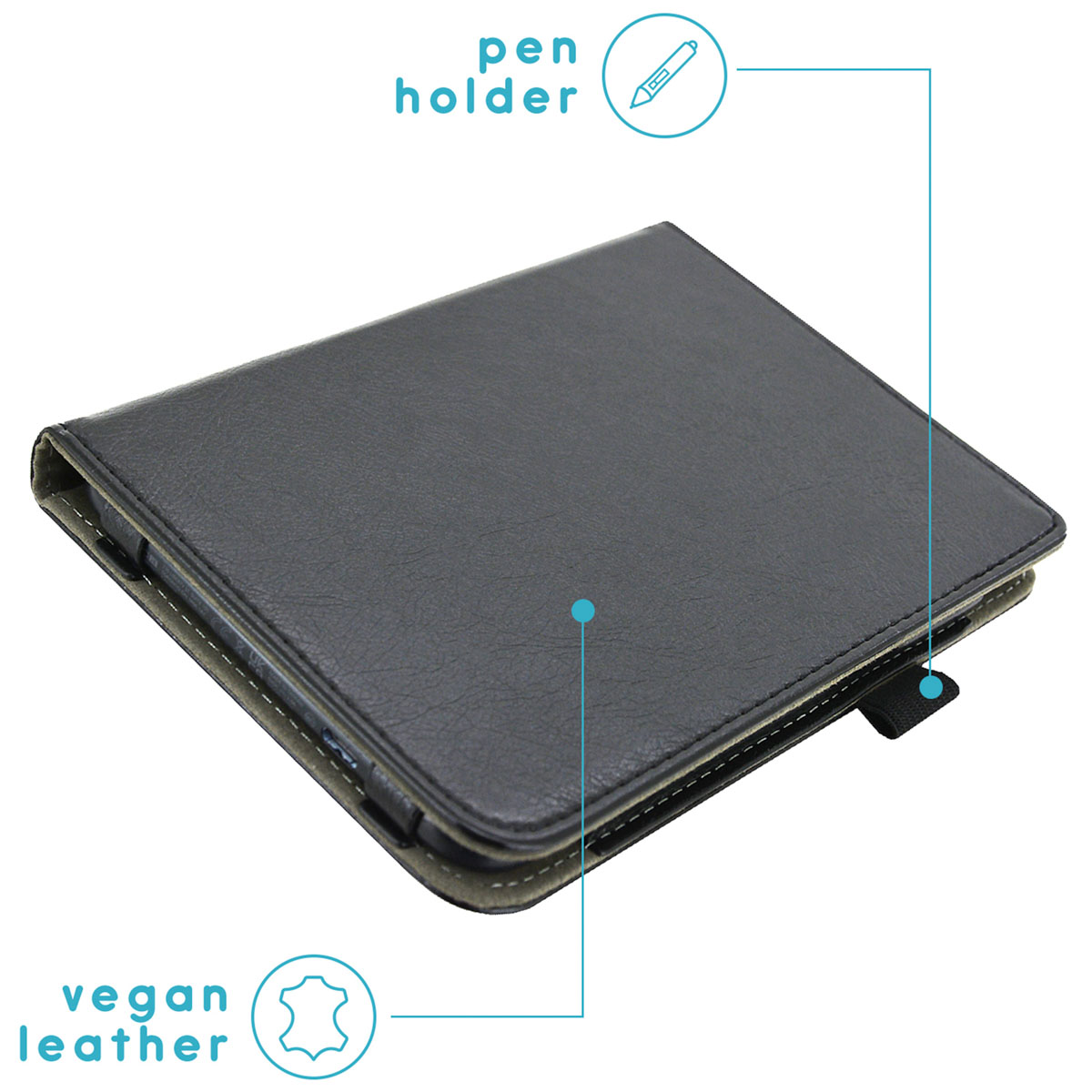 Zwarte e-reader cover, vegan leer, met pennenhouder. Nederlandse tekst.