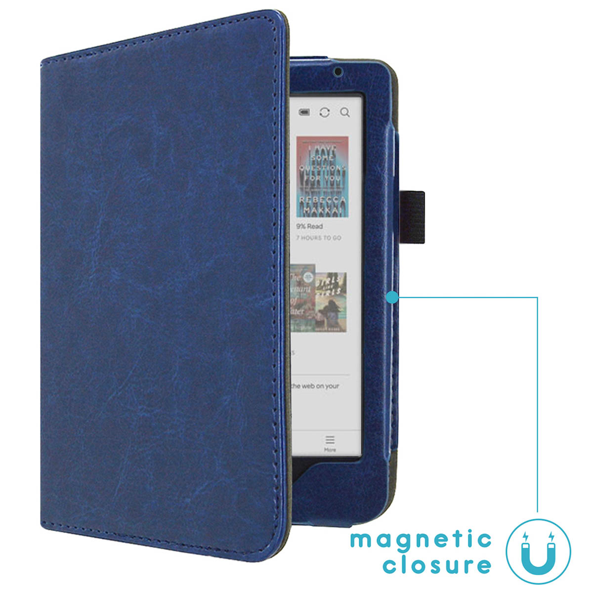 Een e-reader met een blauwe, lederachtige cover. De cover is open en toont een boek op het scherm.