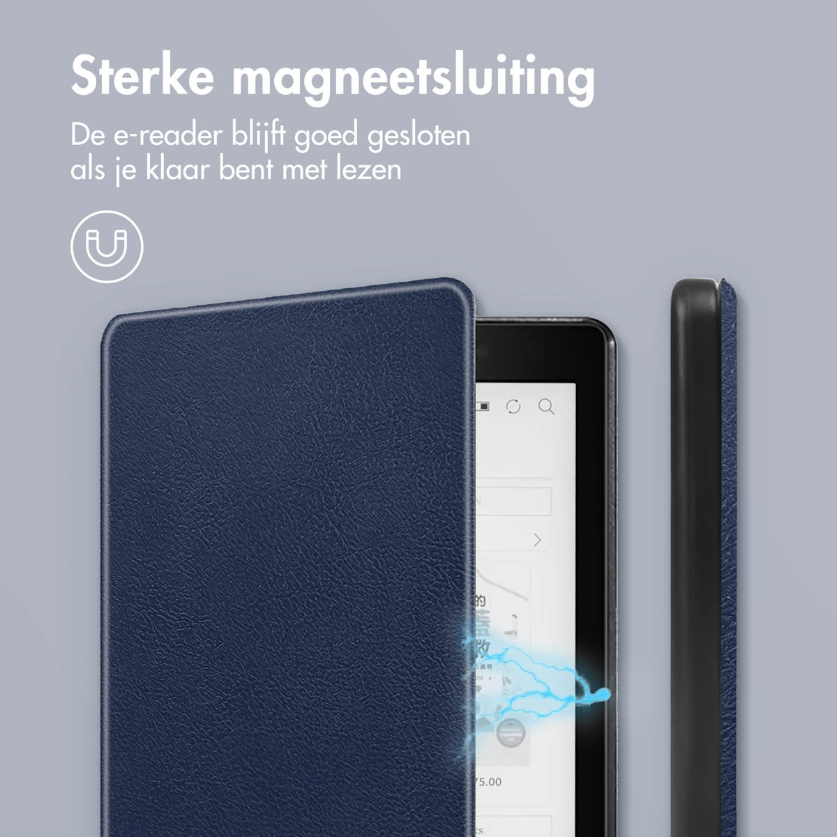 Blauwe e-reader hoes, gesloten. Sterke magnetische sluiting. Zwarte e-reader binnenin.